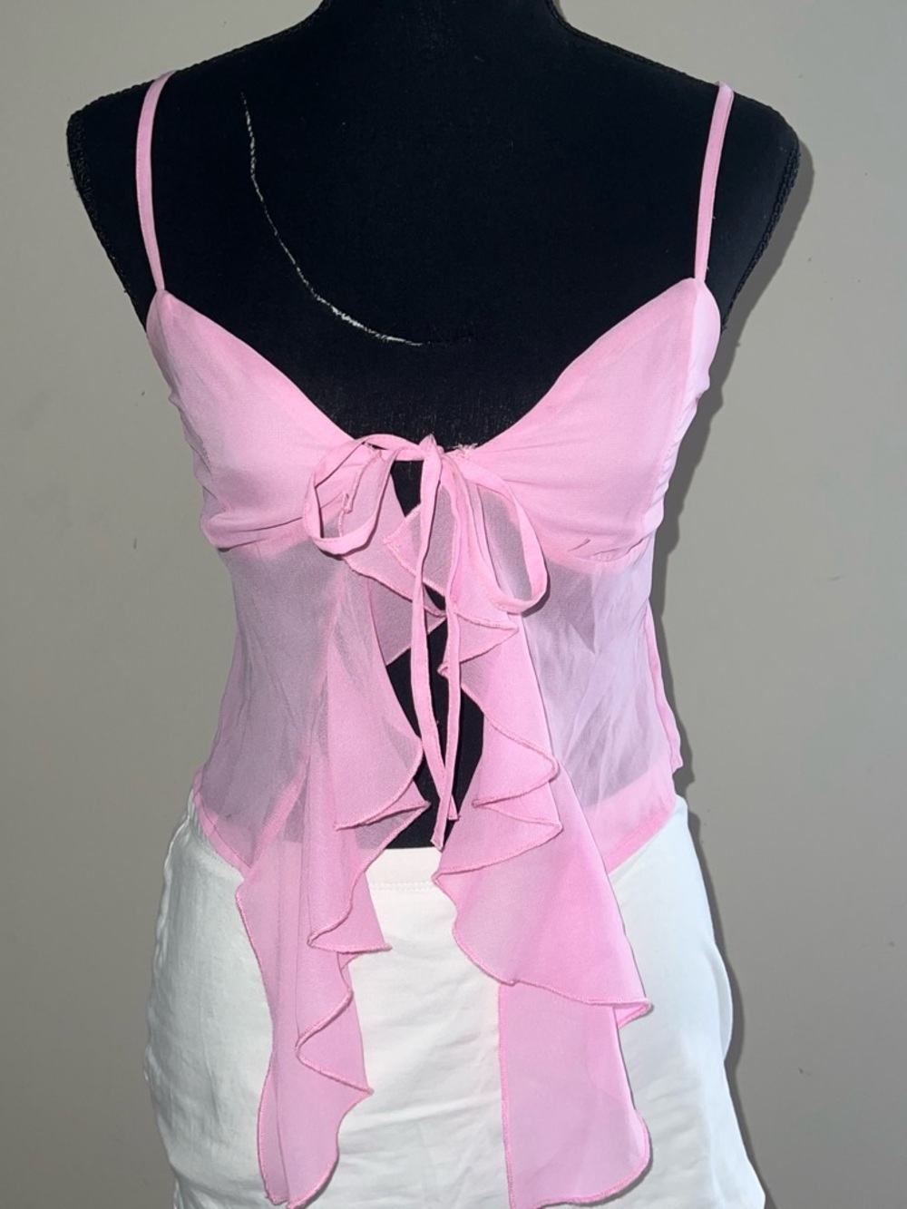 Beginning Boutique Pink Sheer Tie-Front Ruffle Cami